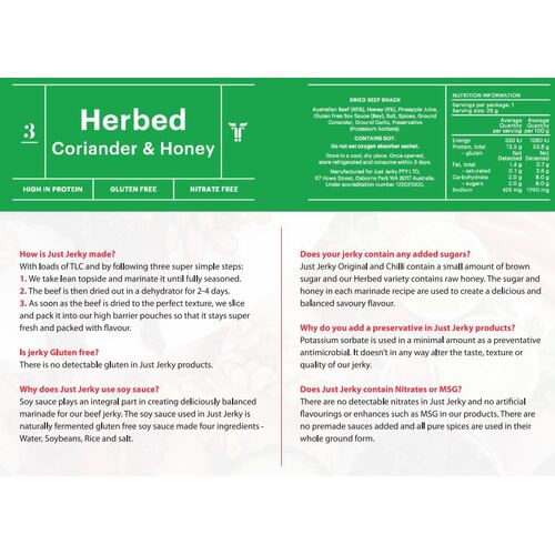 Herbed Beef Jerky - Coriander & Honey (GF 25g)