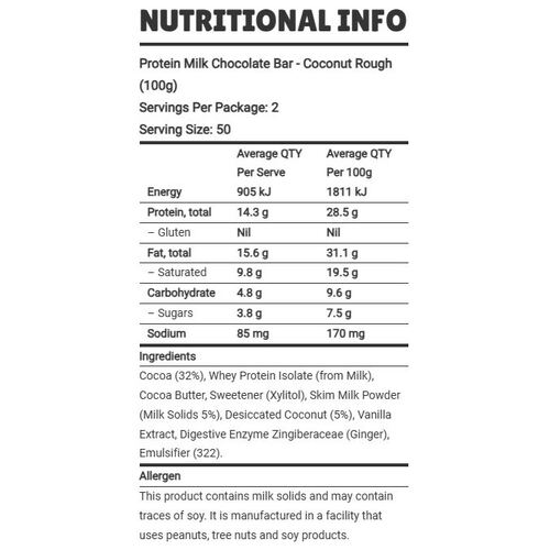 Protein Milk Chocolate Bar - Coconut Rough (100g)