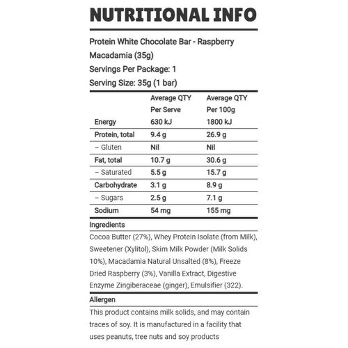 Protein White Choc, Rasp, Maca Chocolate Bar (35g)
