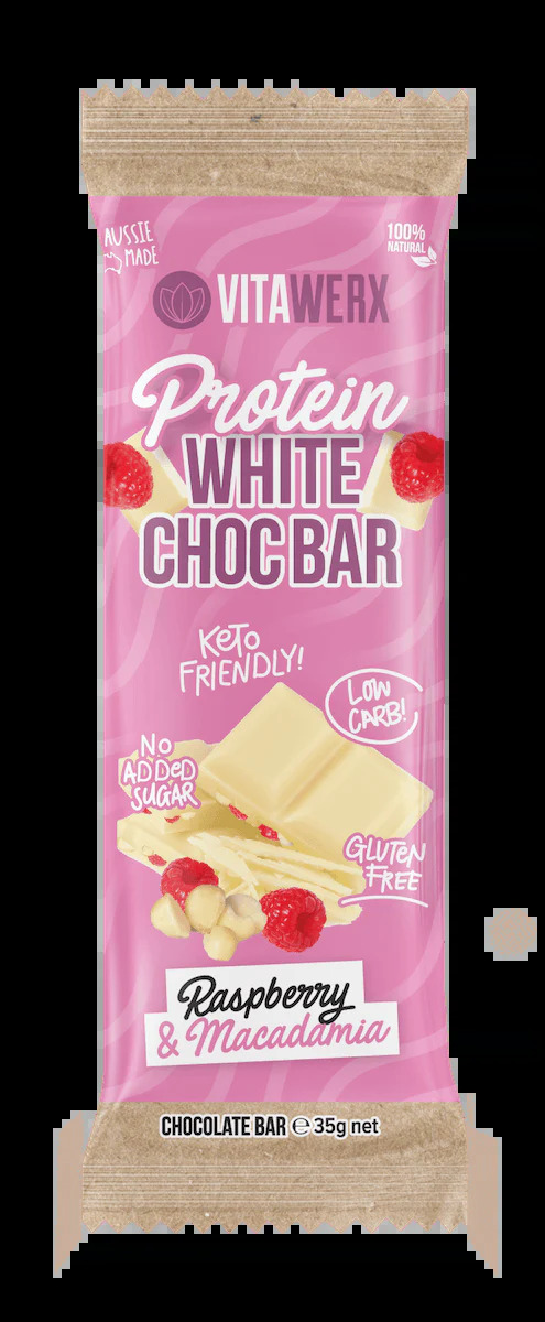 Protein White Choc, Rasp, Maca Chocolate Bar (35g)