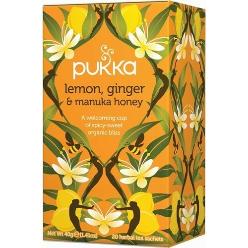 Lemon Ginger & Manuka Honey Tea Bags by Organic Pukka Tea